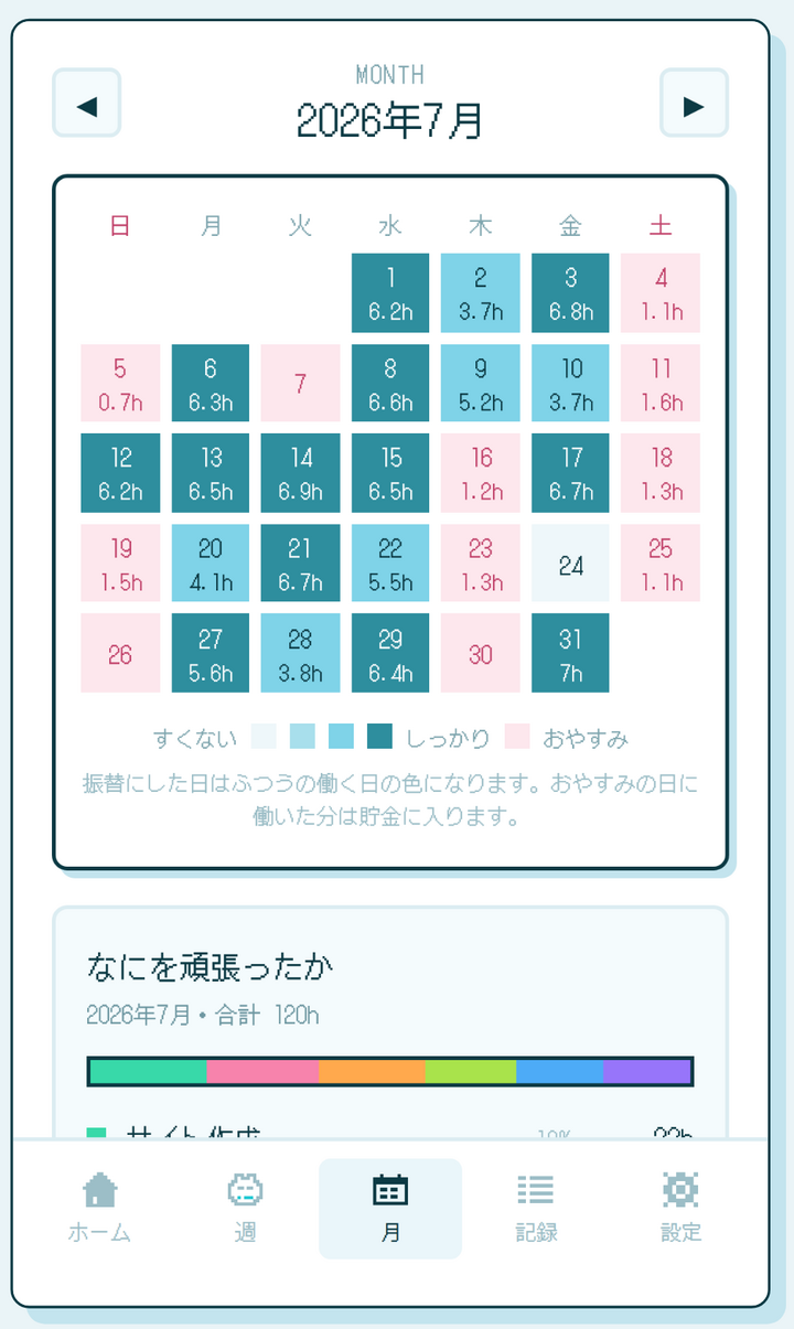 月のカレンダー。日ごとのがんばりが色の濃さでつもる